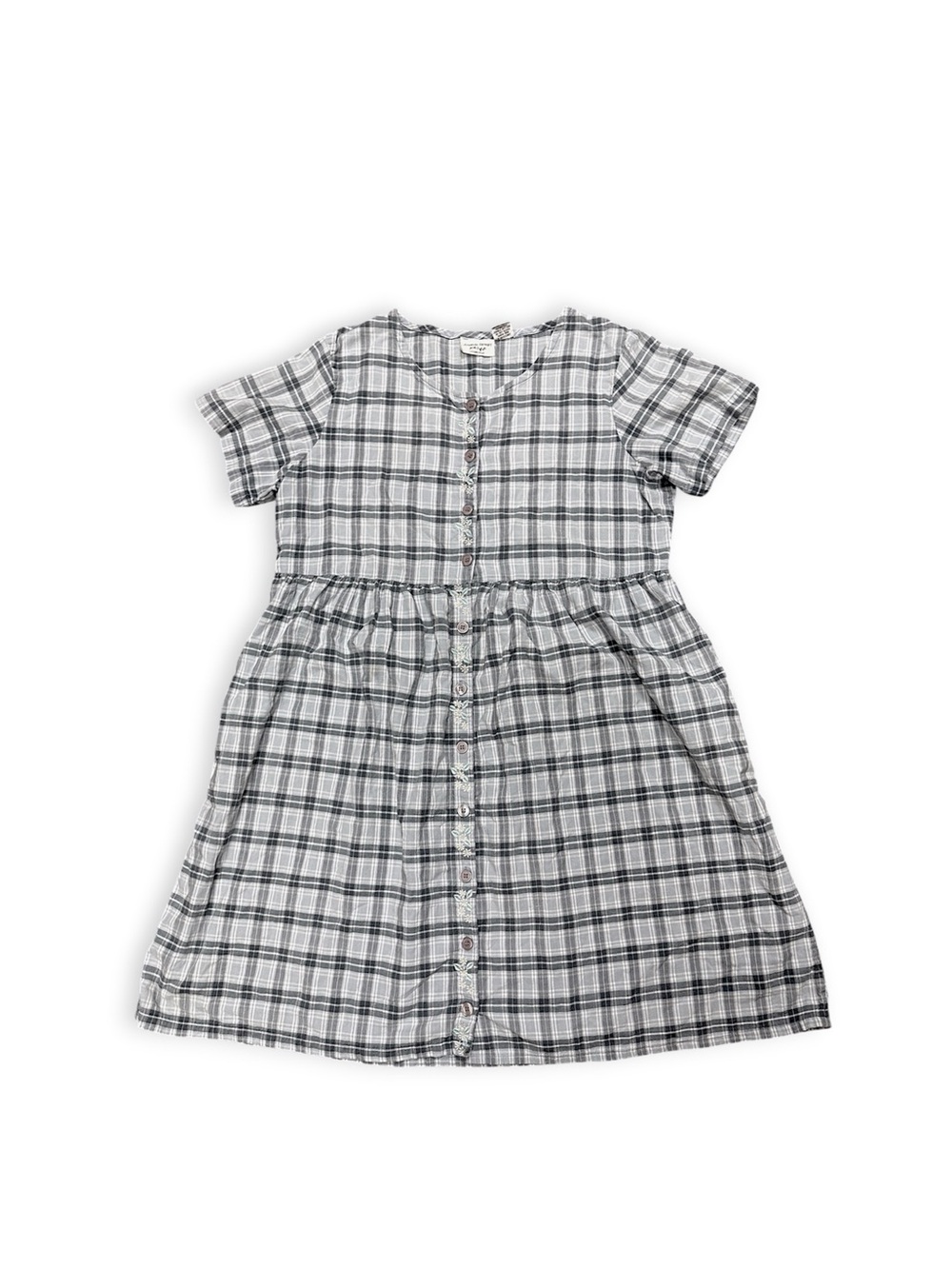 VINTAGE Amanda Stewart Plaid Embroidered Button Front Shirt Dress Gray White XL